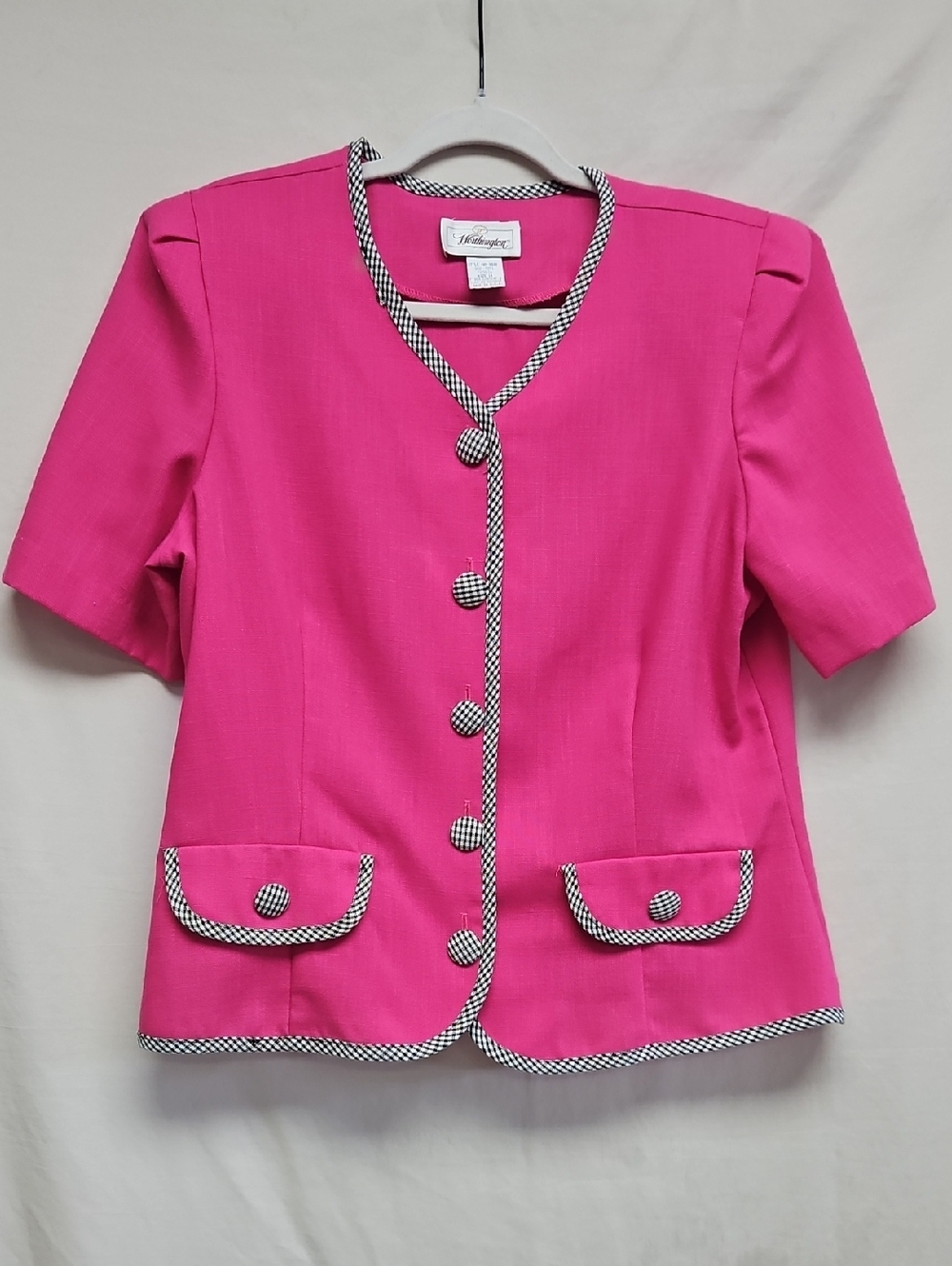 Vintage Worthington Pink Houndstooth Trim Blazer Jacket Size 14 Preppy